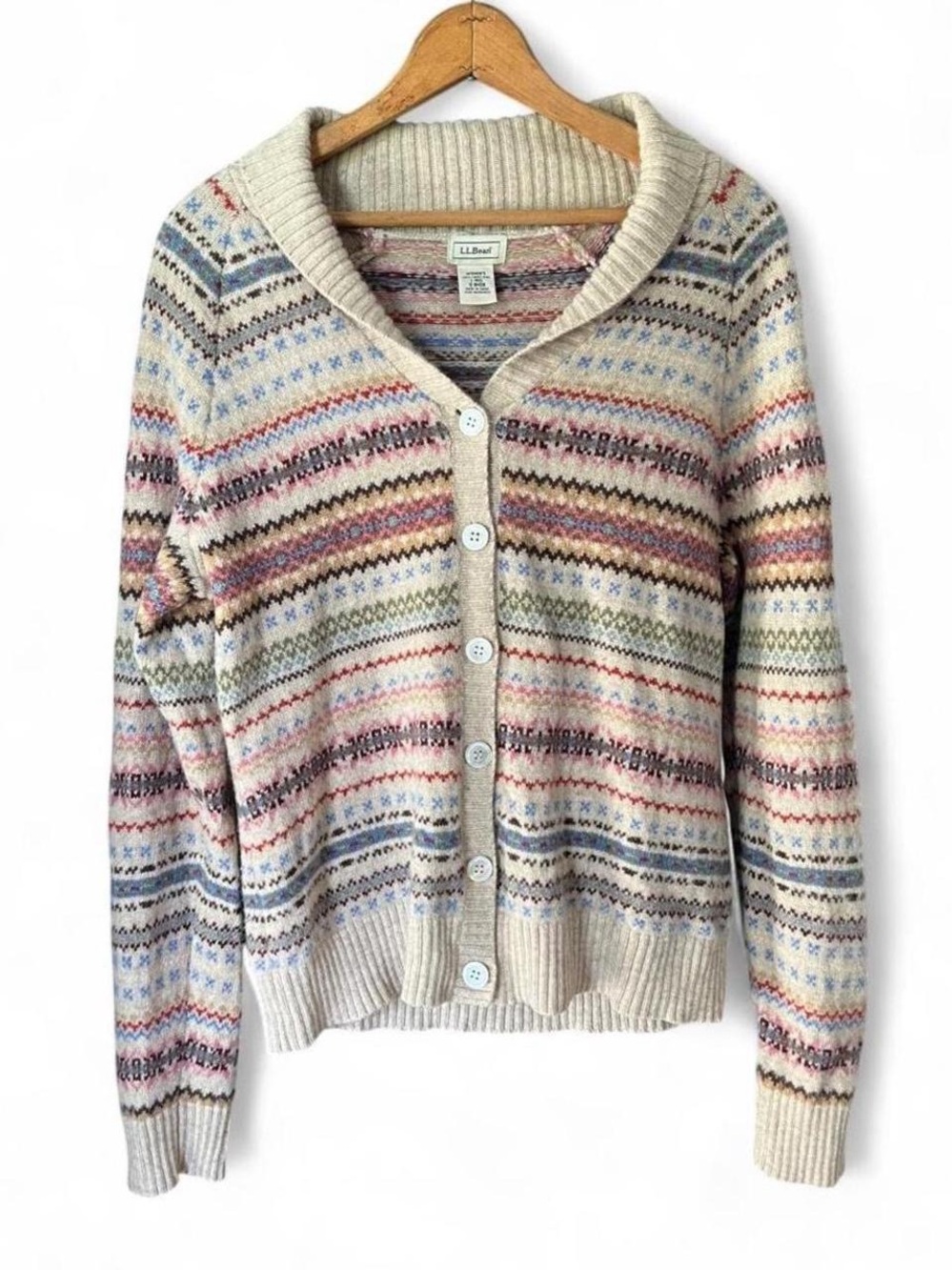L.L. Bean Cream Fair Isle Button-Up Cardigan with Multicolor Stripes